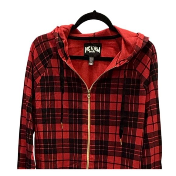 Victoria Sport Red Black Plaid Zip Hoodie Jacket XS Womens Lightweight Layering - Picture 2 of 6